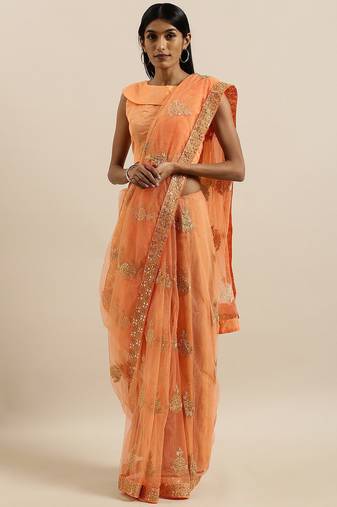 peach embellished embroidered georgette saree