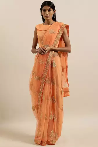 peach embellished embroidered georgette saree