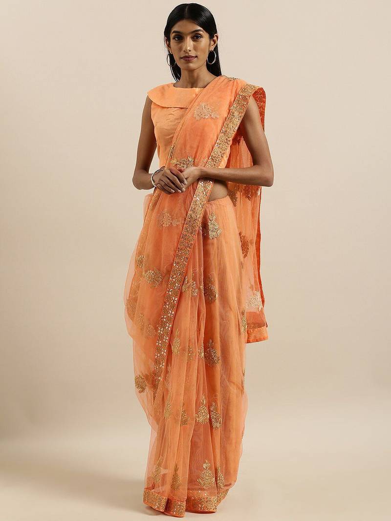 peach embellished embroidered georgette saree