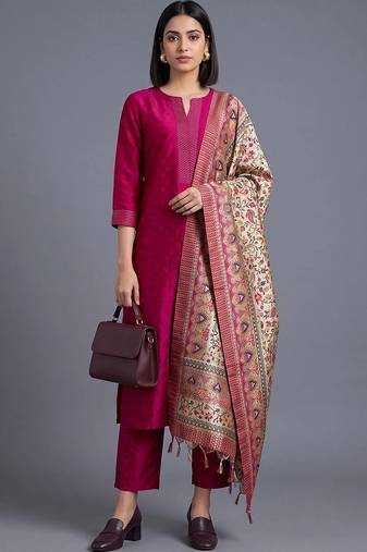 women ethnic motifs regular kurta with trousers & with dupatta
