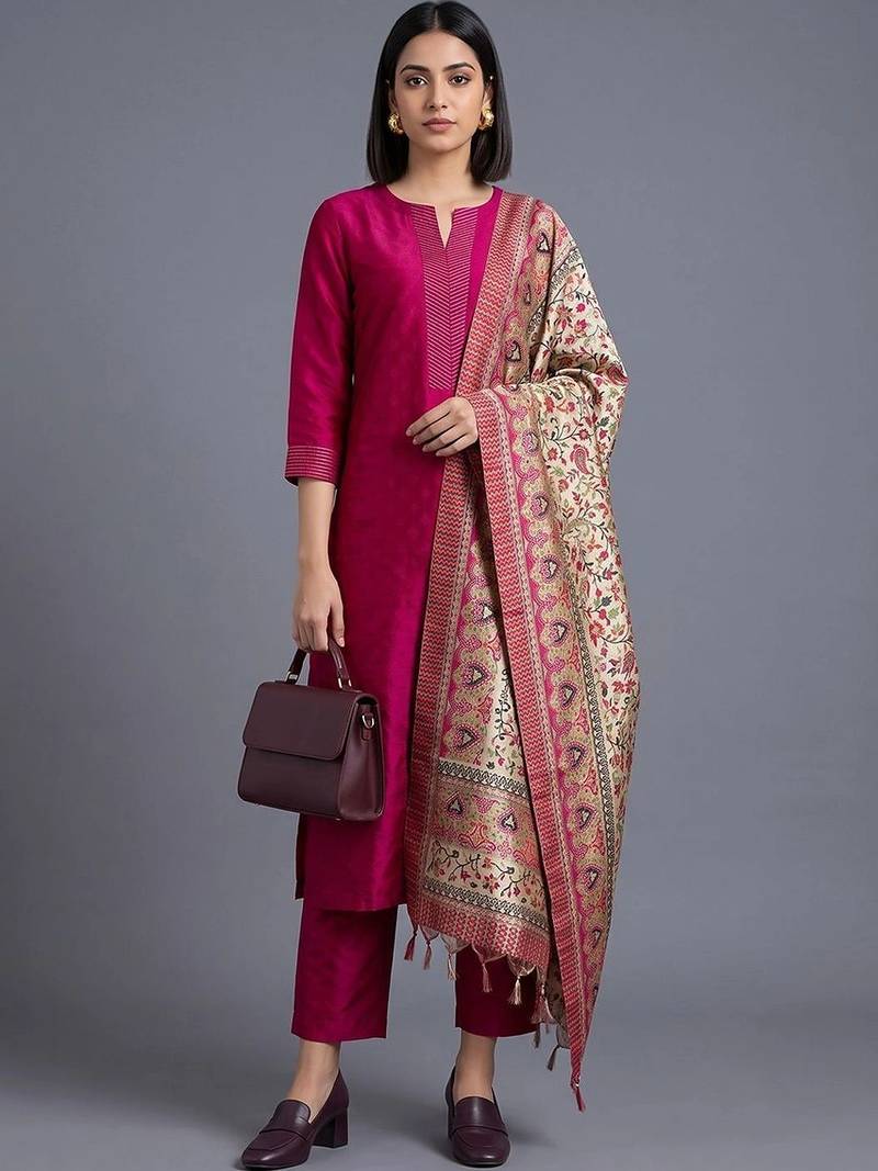 women ethnic motifs regular kurta with trousers & with dupatta