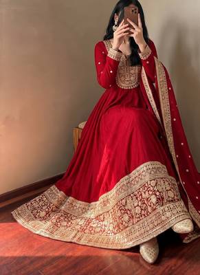 Women's red heavy zari & sequins work anarkali suit set with straight pant and embroidered dupatta 2