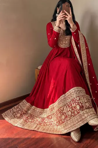Women's red heavy zari & sequins work anarkali suit set with straight pant and embroidered dupatta