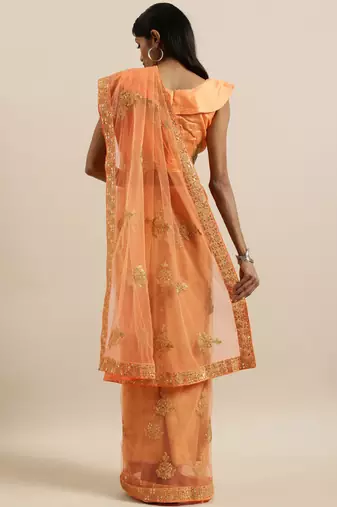 peach embellished embroidered georgette saree