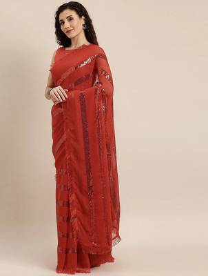 red red striped sequinned saree 1