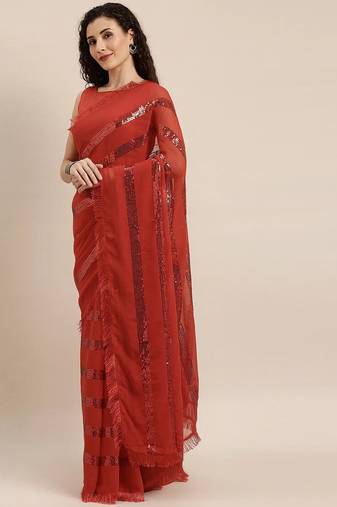 red red striped sequinned saree