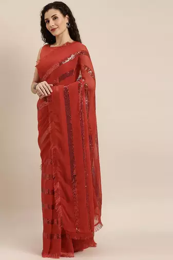 red red striped sequinned saree
