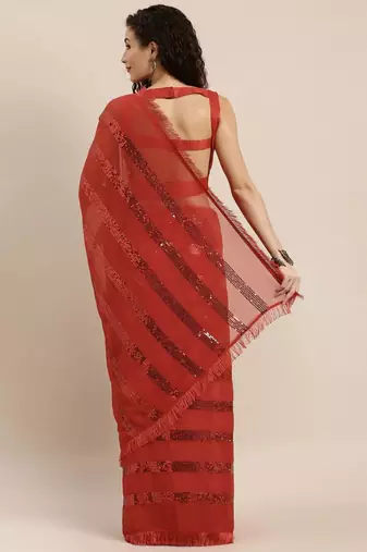 red red striped sequinned saree
