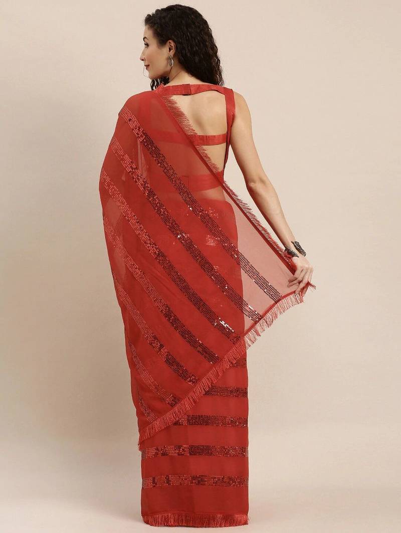 red red striped sequinned saree