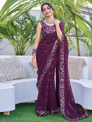 purple embellished sequinned saree 1