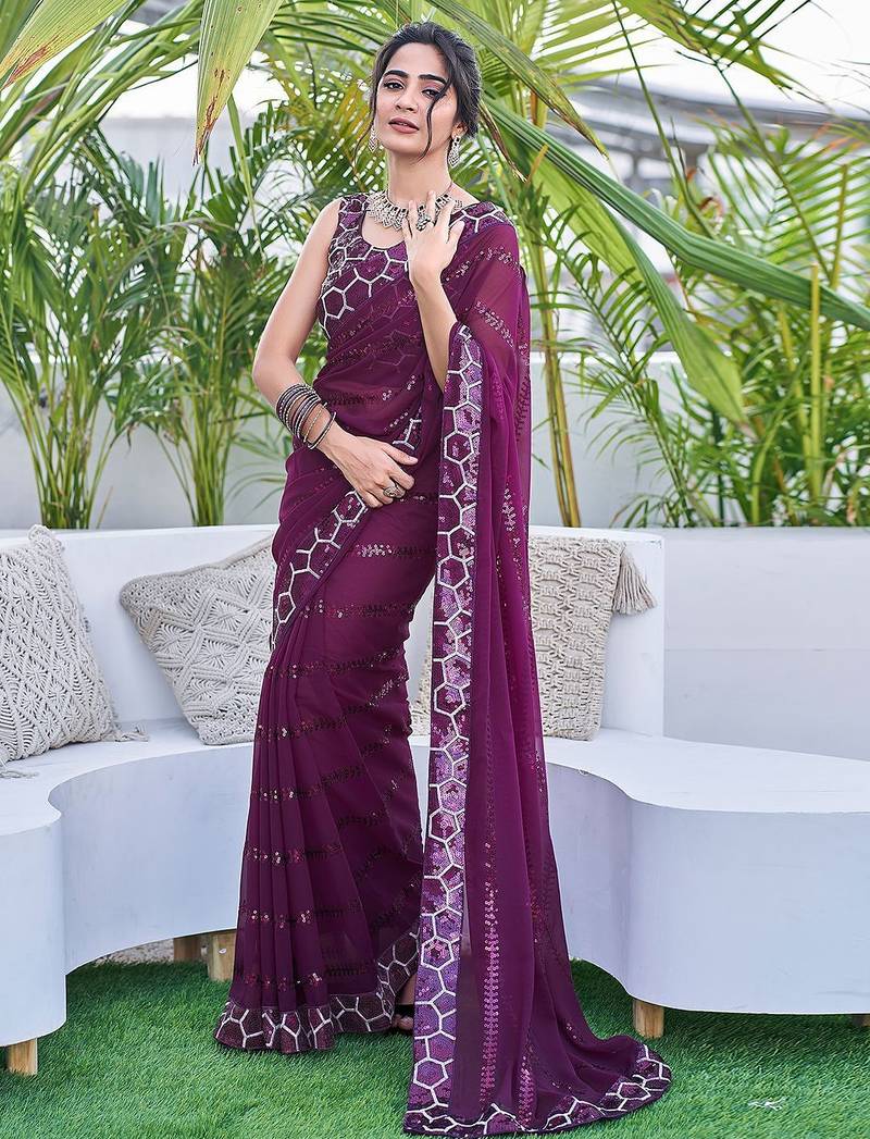 purple embellished sequinned saree