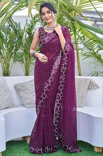 purple embellished sequinned saree