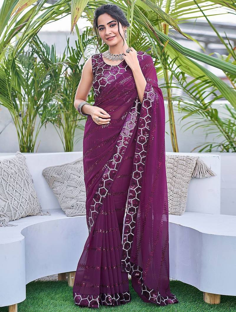 purple embellished sequinned saree