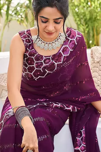 purple embellished sequinned saree