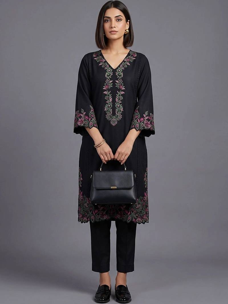 women ethnic motifs embroidered regular thread work cotton kurta with trousers