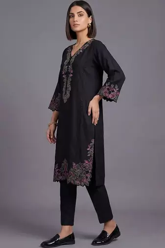 women ethnic motifs embroidered regular thread work cotton kurta with trousers