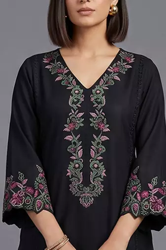 women ethnic motifs embroidered regular thread work cotton kurta with trousers