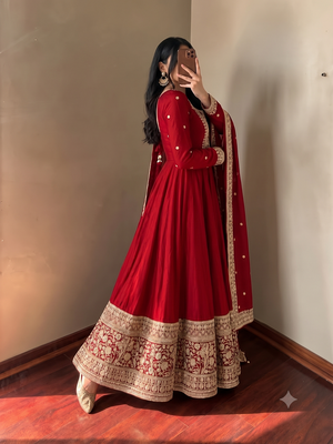 Women's red heavy zari & sequins work anarkali suit set with straight pant and embroidered dupatta 3