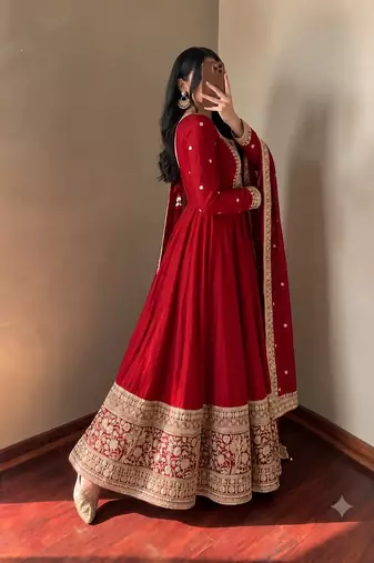 Women's red heavy zari & sequins work anarkali suit set with straight pant and embroidered dupatta