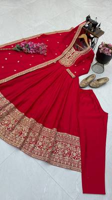 Women's red heavy zari & sequins work anarkali suit set with straight pant and embroidered dupatta 4