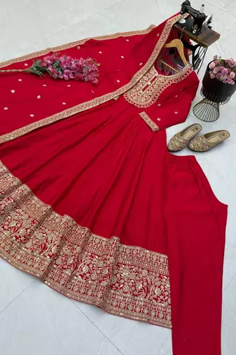 Women's red heavy zari & sequins work anarkali suit set with straight pant and embroidered dupatta