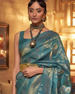 teal ethnic motifs zari woven banarasi saree 1