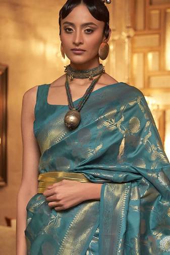 teal ethnic motifs zari woven banarasi saree