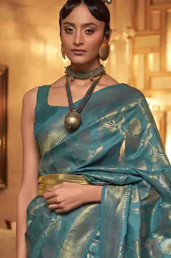 teal ethnic motifs zari woven banarasi saree