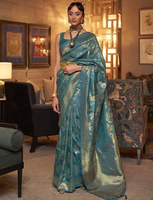 teal ethnic motifs zari woven banarasi saree 2