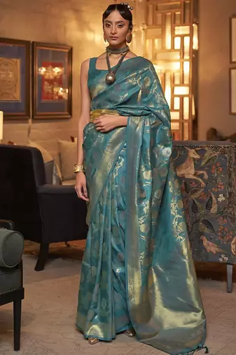 teal ethnic motifs zari woven banarasi saree