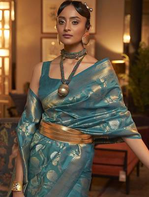 teal ethnic motifs zari woven banarasi saree 3