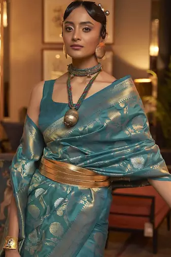 teal ethnic motifs zari woven banarasi saree
