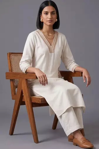 women ethnic motifs embroidered regular thread work kurta with trousers