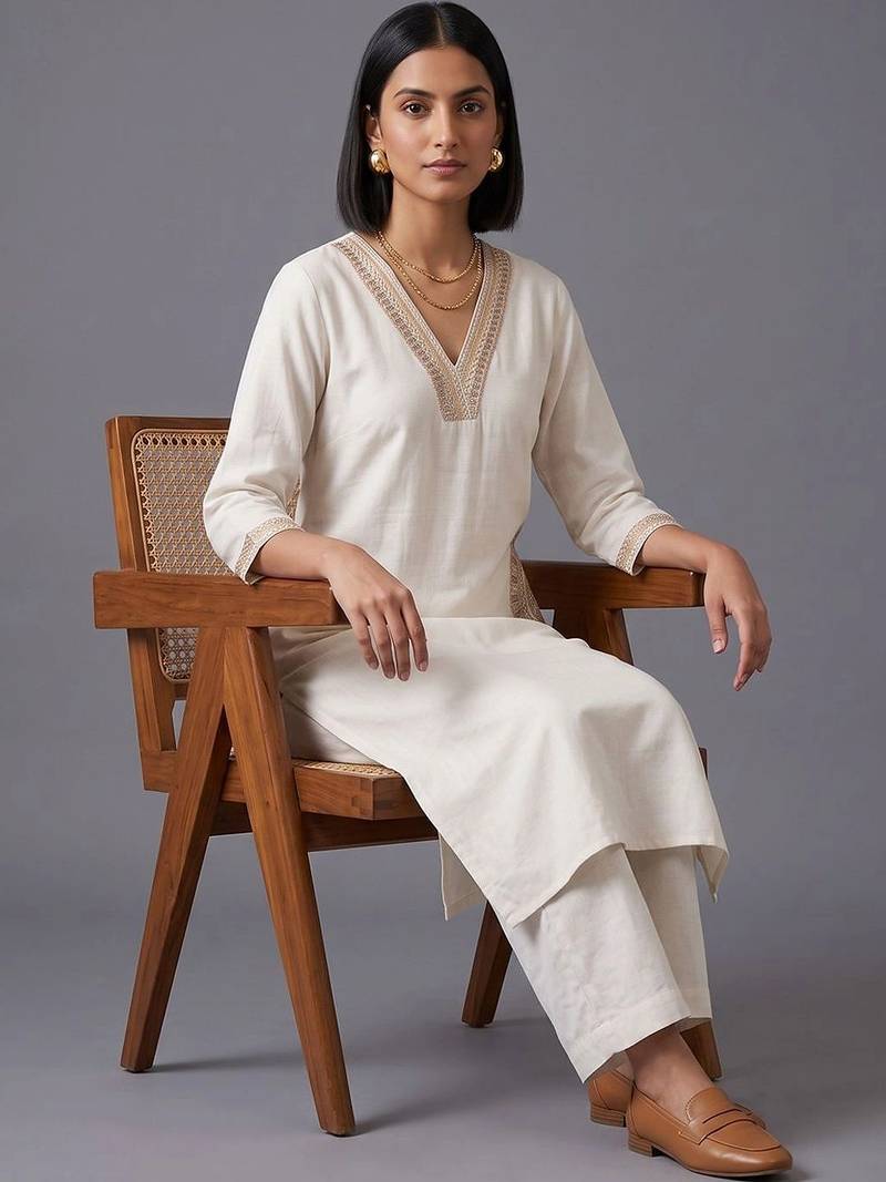 women ethnic motifs embroidered regular thread work kurta with trousers