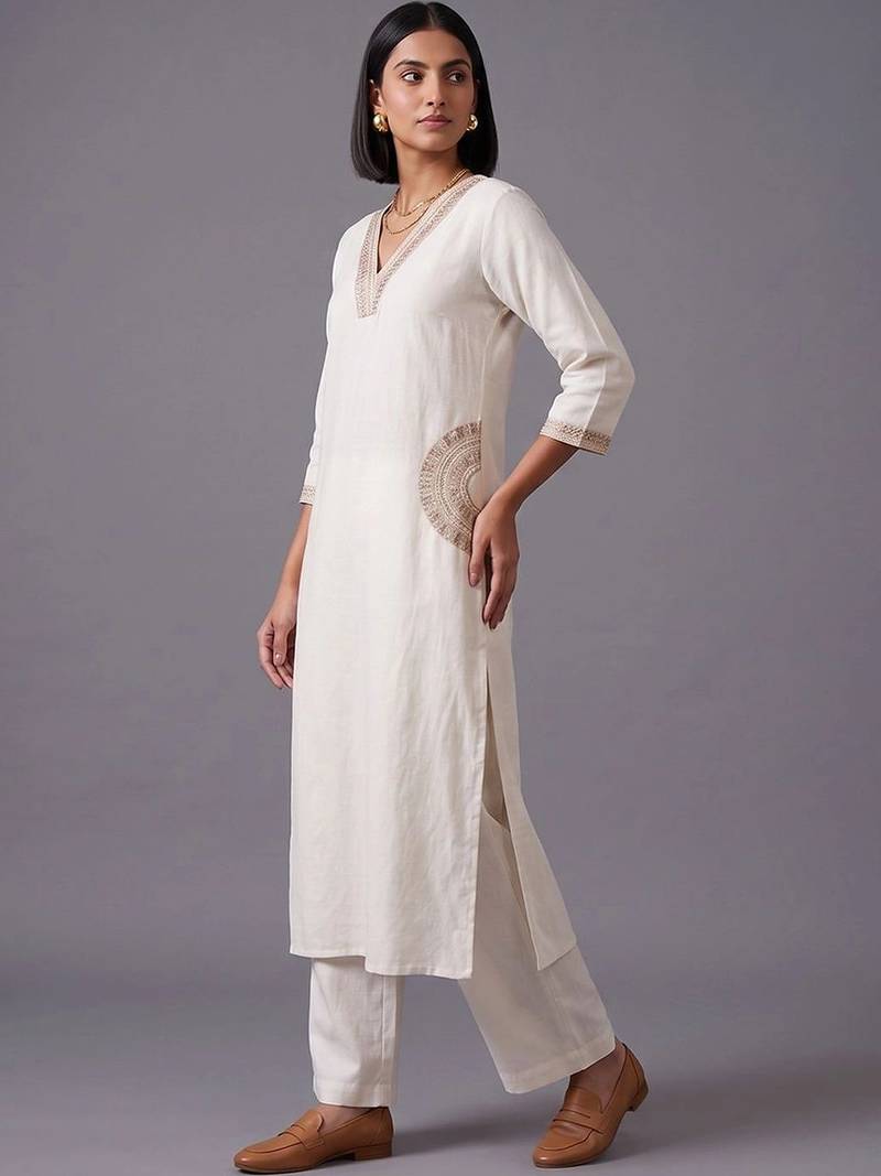 women ethnic motifs embroidered regular thread work kurta with trousers
