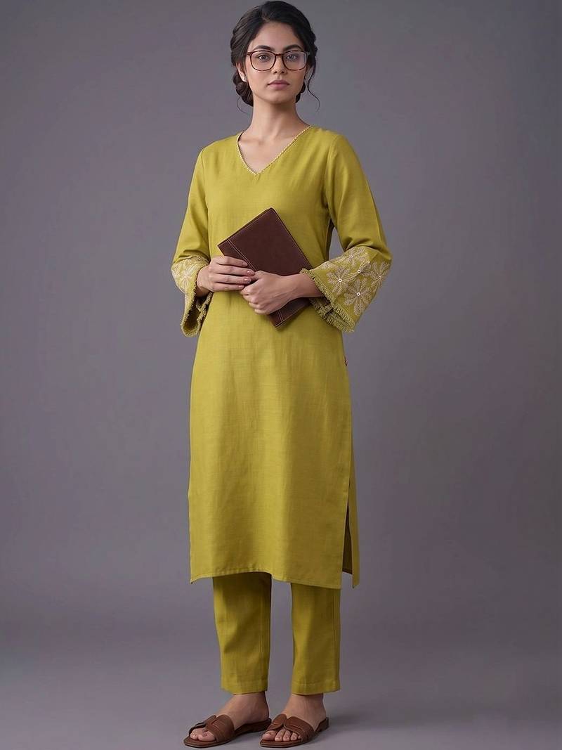 women ethnic motifs embroidered regular thread work kurta with trousers