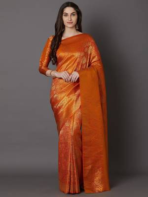 orange orange & gold-toned ethnic printed silk blend saree 1