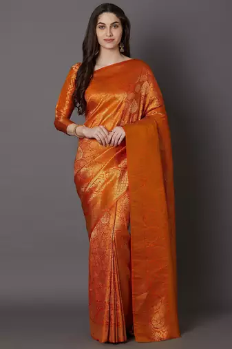 orange orange & gold-toned ethnic printed silk blend saree