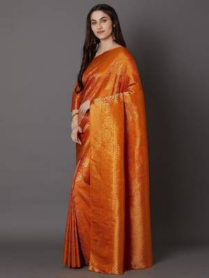 orange orange & gold-toned ethnic printed silk blend saree 2