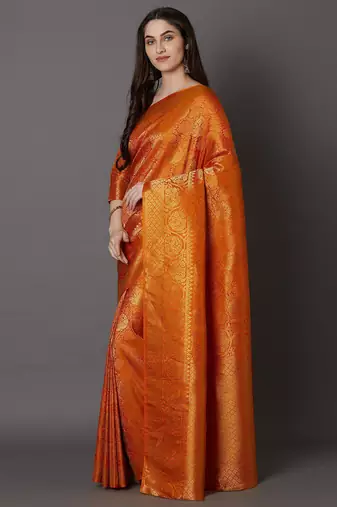 orange orange & gold-toned ethnic printed silk blend saree