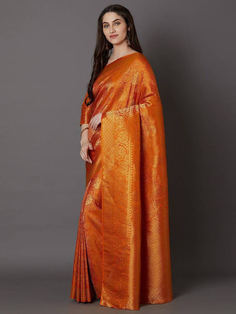 orange orange & gold-toned ethnic printed silk blend saree