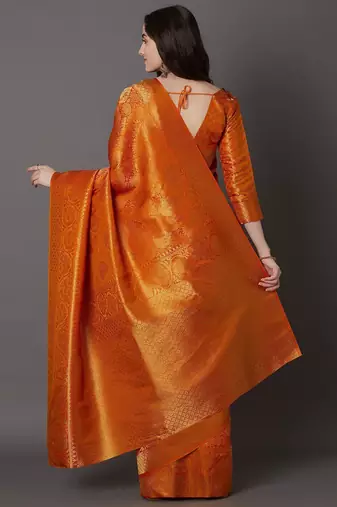 orange orange & gold-toned ethnic printed silk blend saree