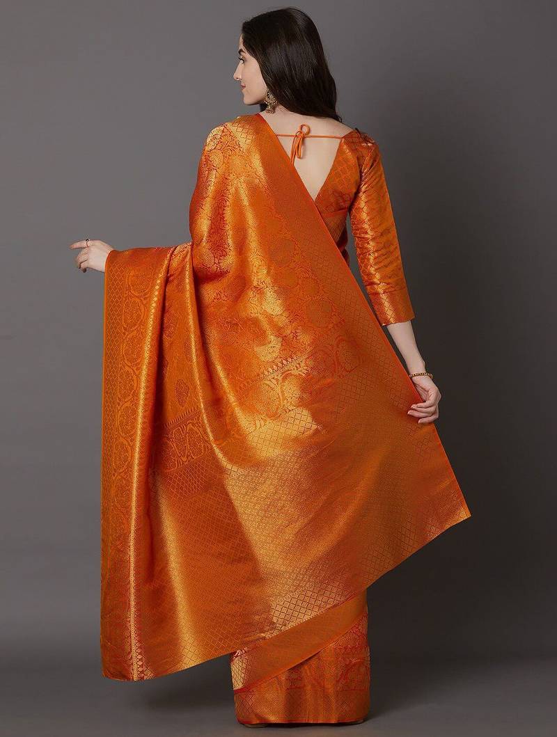 orange orange & gold-toned ethnic printed silk blend saree