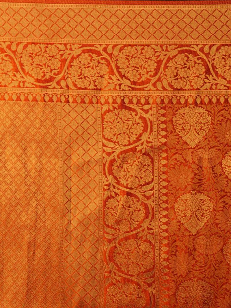 orange orange & gold-toned ethnic printed silk blend saree