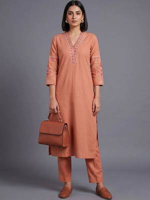 women ethnic motifs embroidered regular thread work kurta with trousers 1