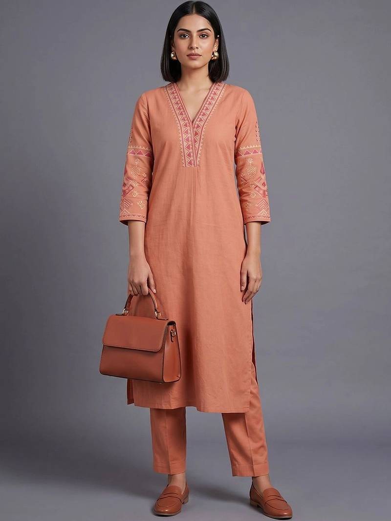 women ethnic motifs embroidered regular thread work kurta with trousers