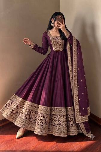Women's wine heavy zari & sequins work anarkali suit set with straight pant and embroidered dupatta
