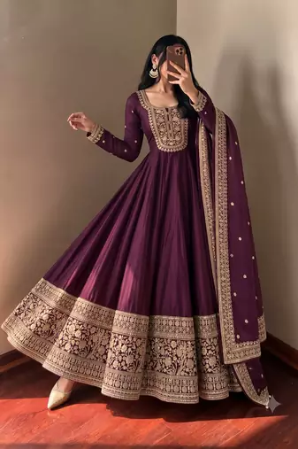 Women's wine heavy zari & sequins work anarkali suit set with straight pant and embroidered dupatta