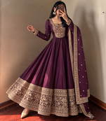 Women's wine heavy zari & sequins work anarkali suit set with straight pant and embroidered dupatta