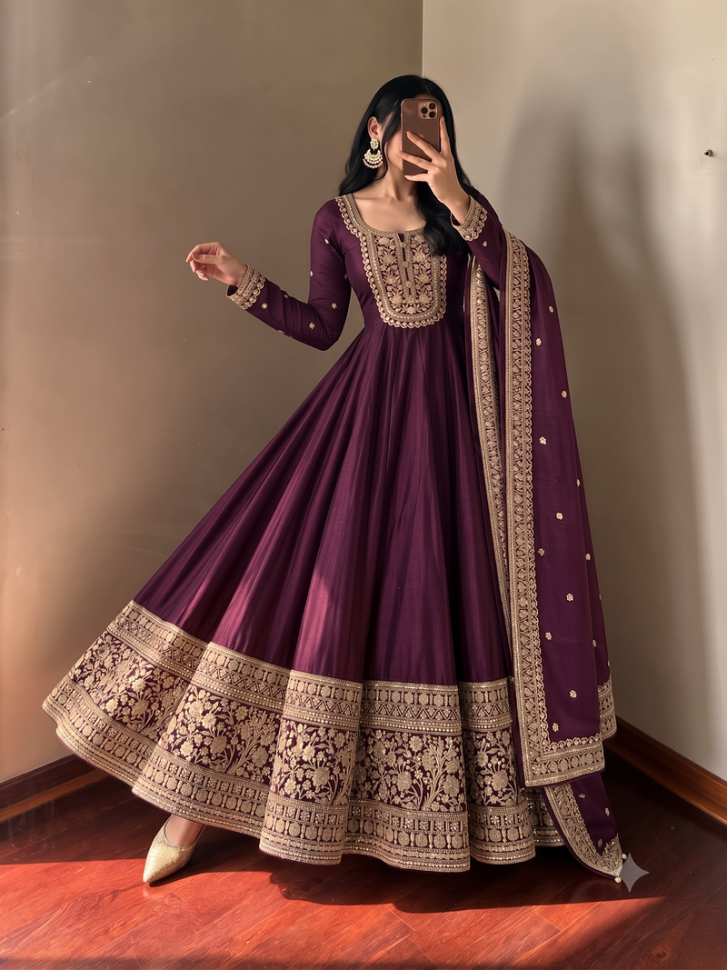 Women's wine heavy zari & sequins work anarkali suit set with straight pant and embroidered dupatta